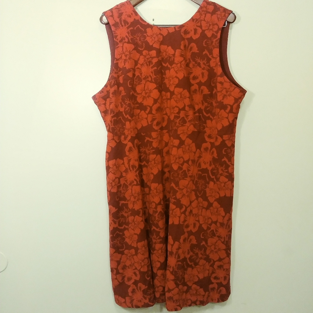 Lands' End Women's Sleeveless Red Floral Cotton V-Neck Flare Dress with Pockets,